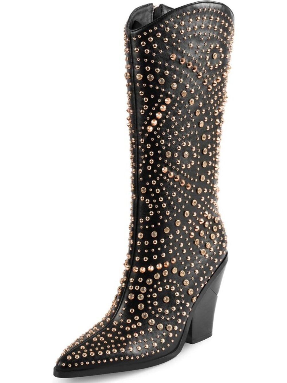 Women's Leather Boots Pointed Toe and Chunky Heel Boots Luxurious Studded Boots